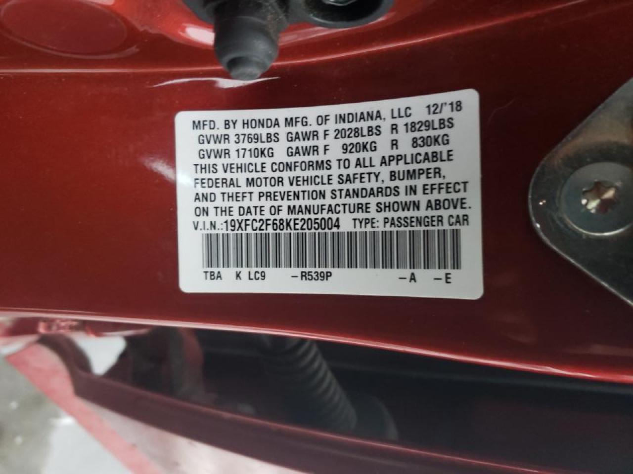 Photo 10 from auction – 2019 HONDA CIVIC LX with VIN 19XFC2F68KE205004