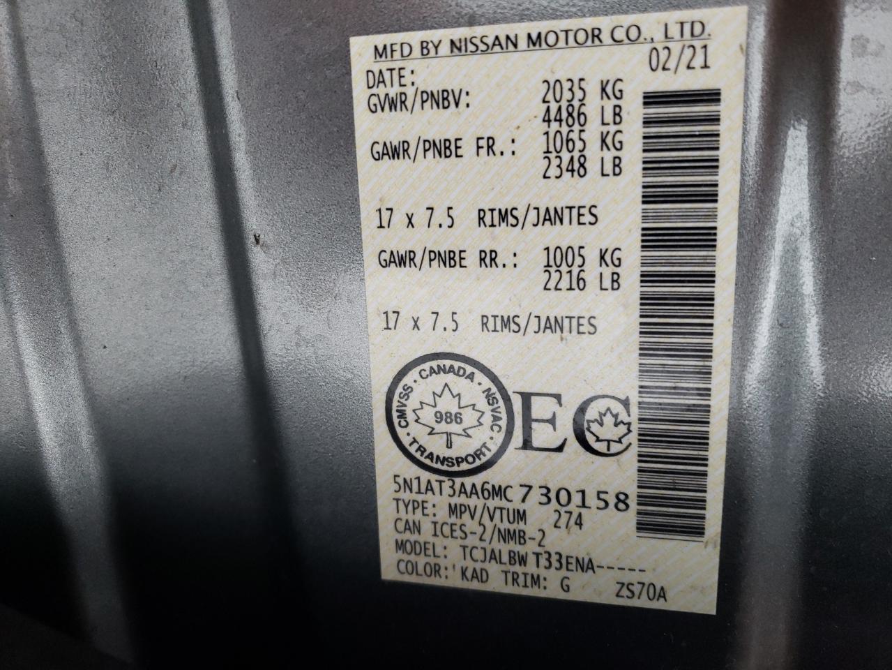 Photo 10 from auction – 2021 NISSAN ROGUE S with VIN 5N1AT3AA6MC730158
