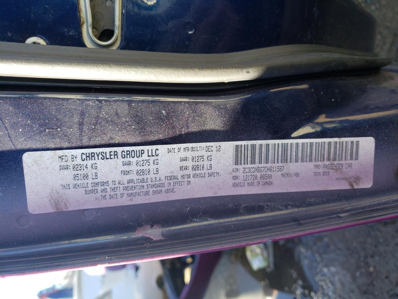 Photo 10 from auction – 2013 DODGE CHARGER SE with VIN 2C3CDXBG7DH611587