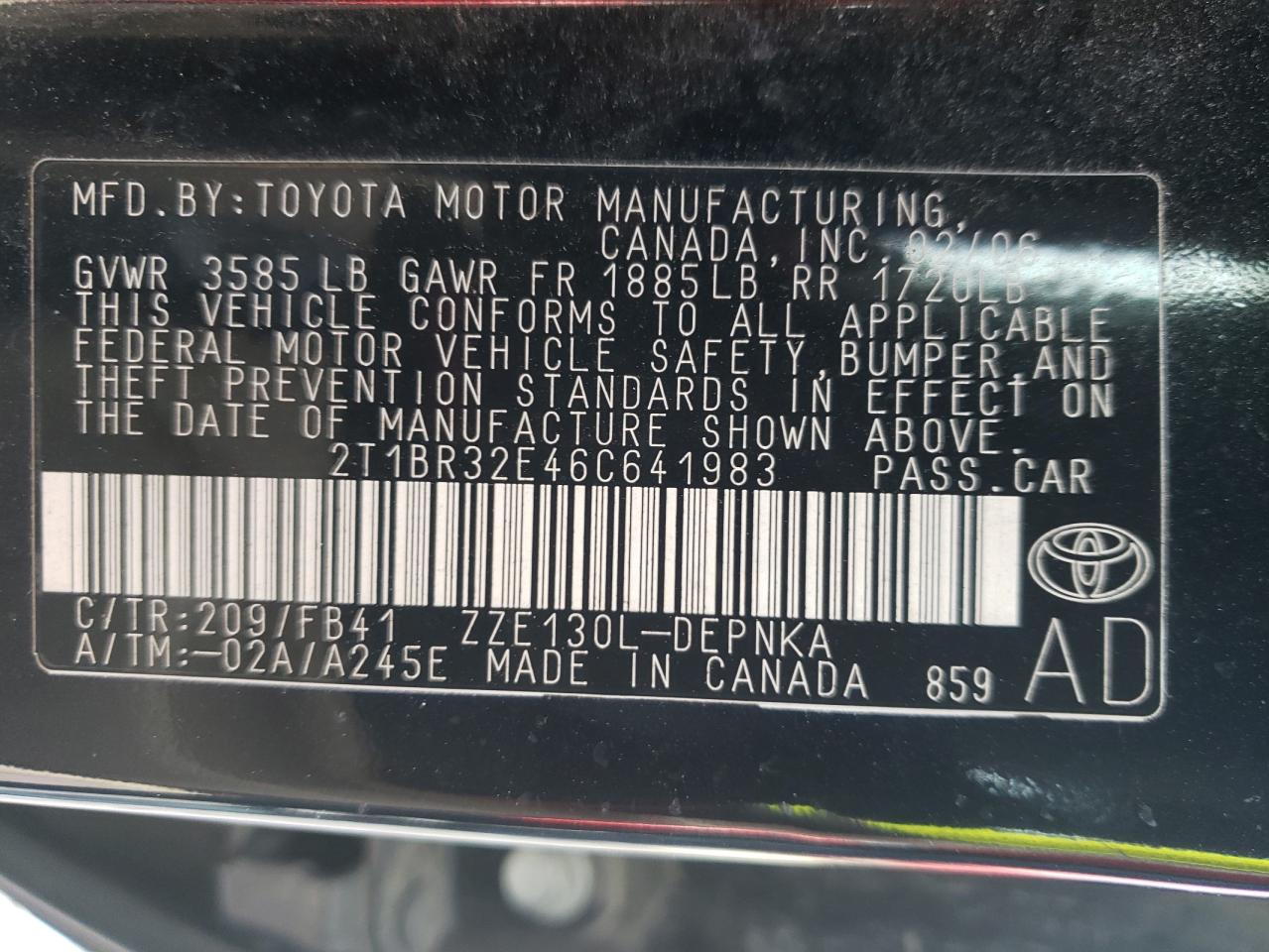 Photo 10 from auction – 2006 TOYOTA COROLLA CE with VIN 2T1BR32E46C641983