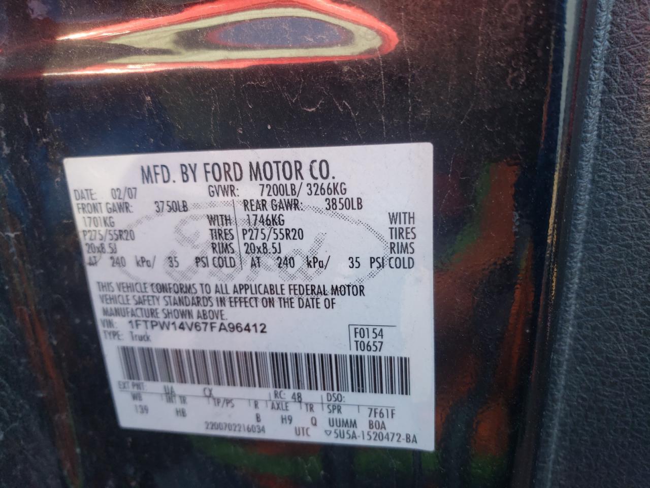 Photo 10 from auction – 2007 FORD F150 SUPER with VIN 1FTPW14V67FA96412