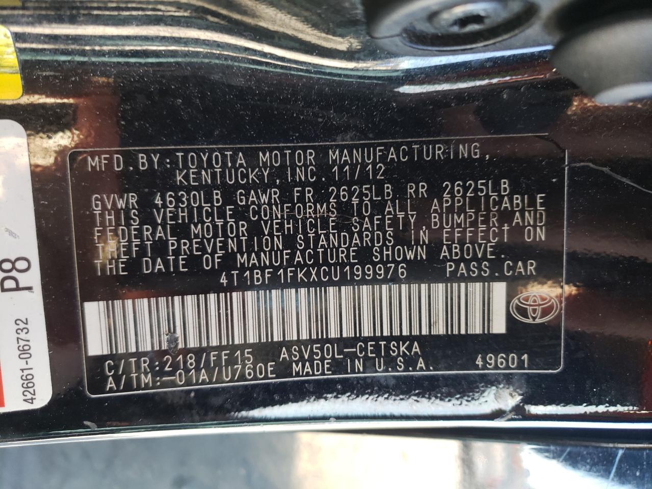 Photo 10 from auction – 2012 TOYOTA CAMRY BASE with VIN 4T1BF1FKXCU199976