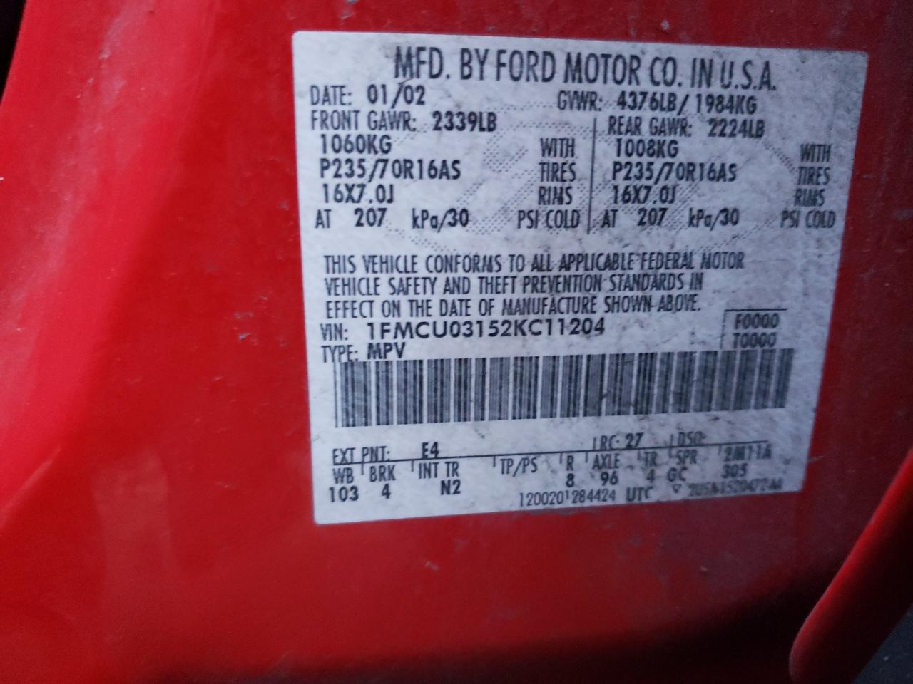 Photo 10 from auction – 2002 FORD ESCAPE XLT with VIN 1FMCU03152KC11204