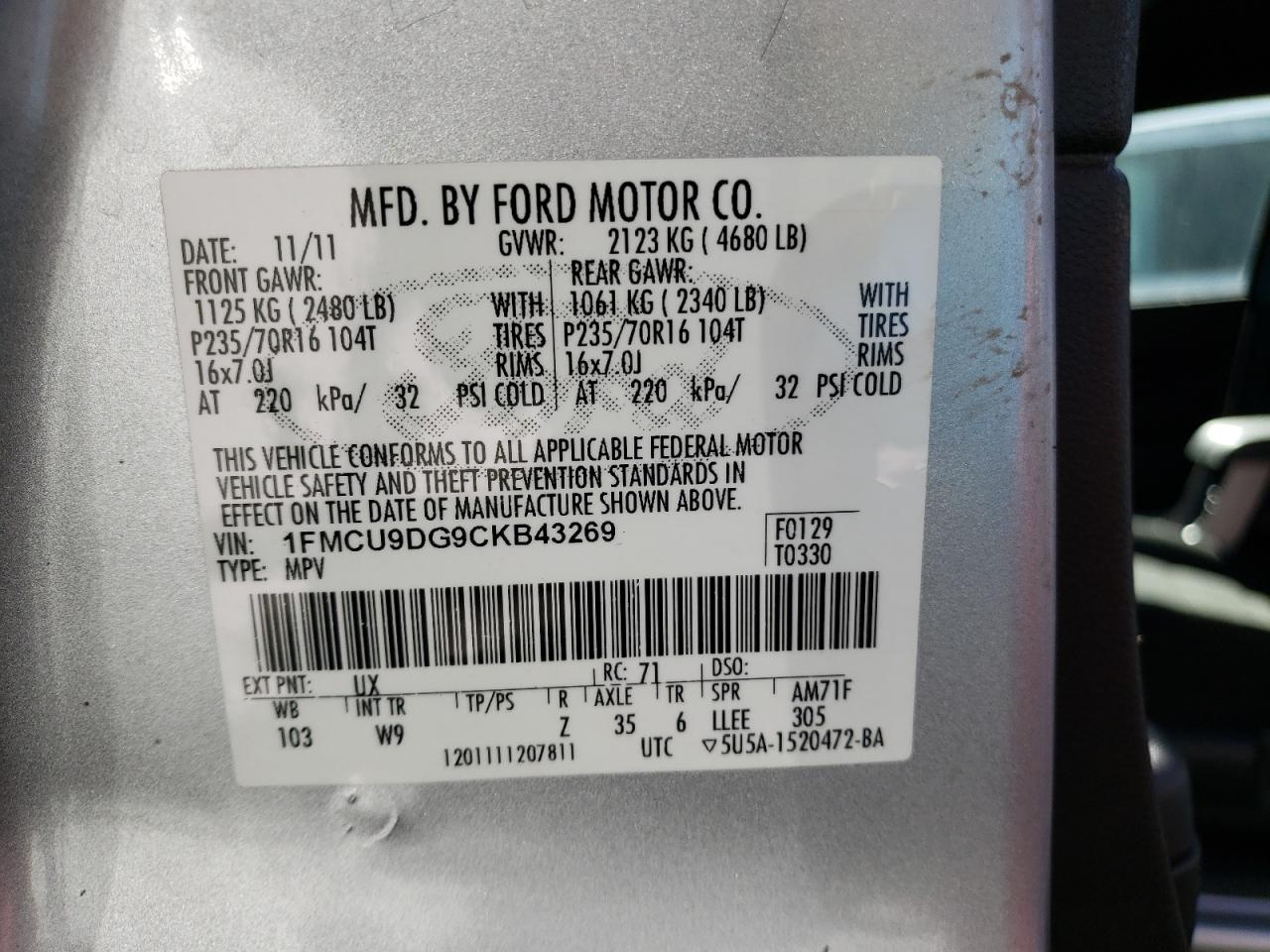 Photo 10 from auction – 2012 FORD ESCAPE XLT with VIN 1FMCU9DG9CKB43269