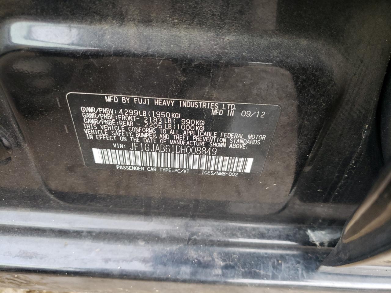 Photo 10 from auction – 2013 SUBARU IMPREZA PR with VIN JF1GJAB61DH008849