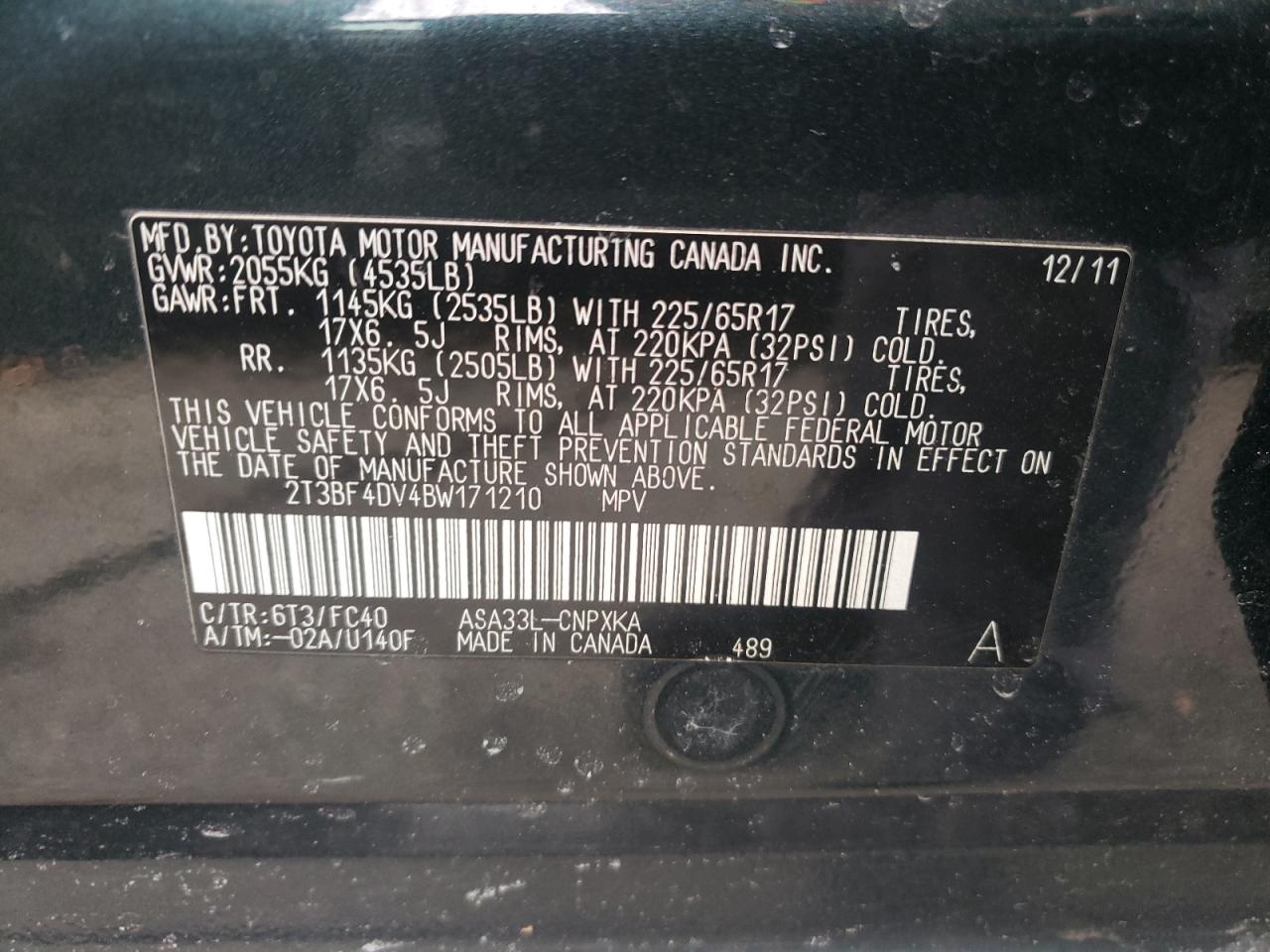 Photo 10 from auction – 2011 TOYOTA RAV4 with VIN 2T3BF4DV4BW171210