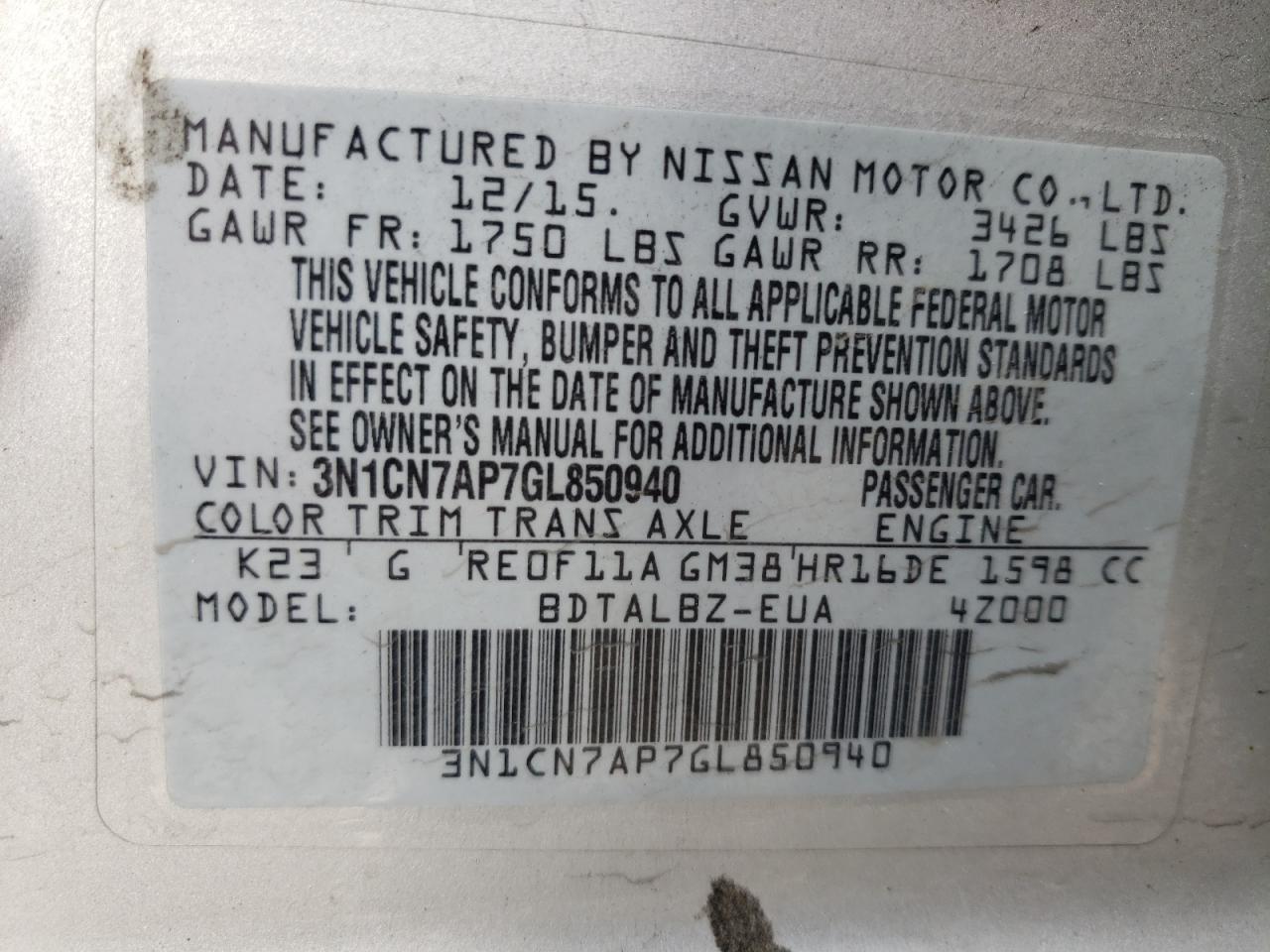Photo 10 from auction – 2016 NISSAN VERSA S with VIN 3N1CN7AP7GL850940