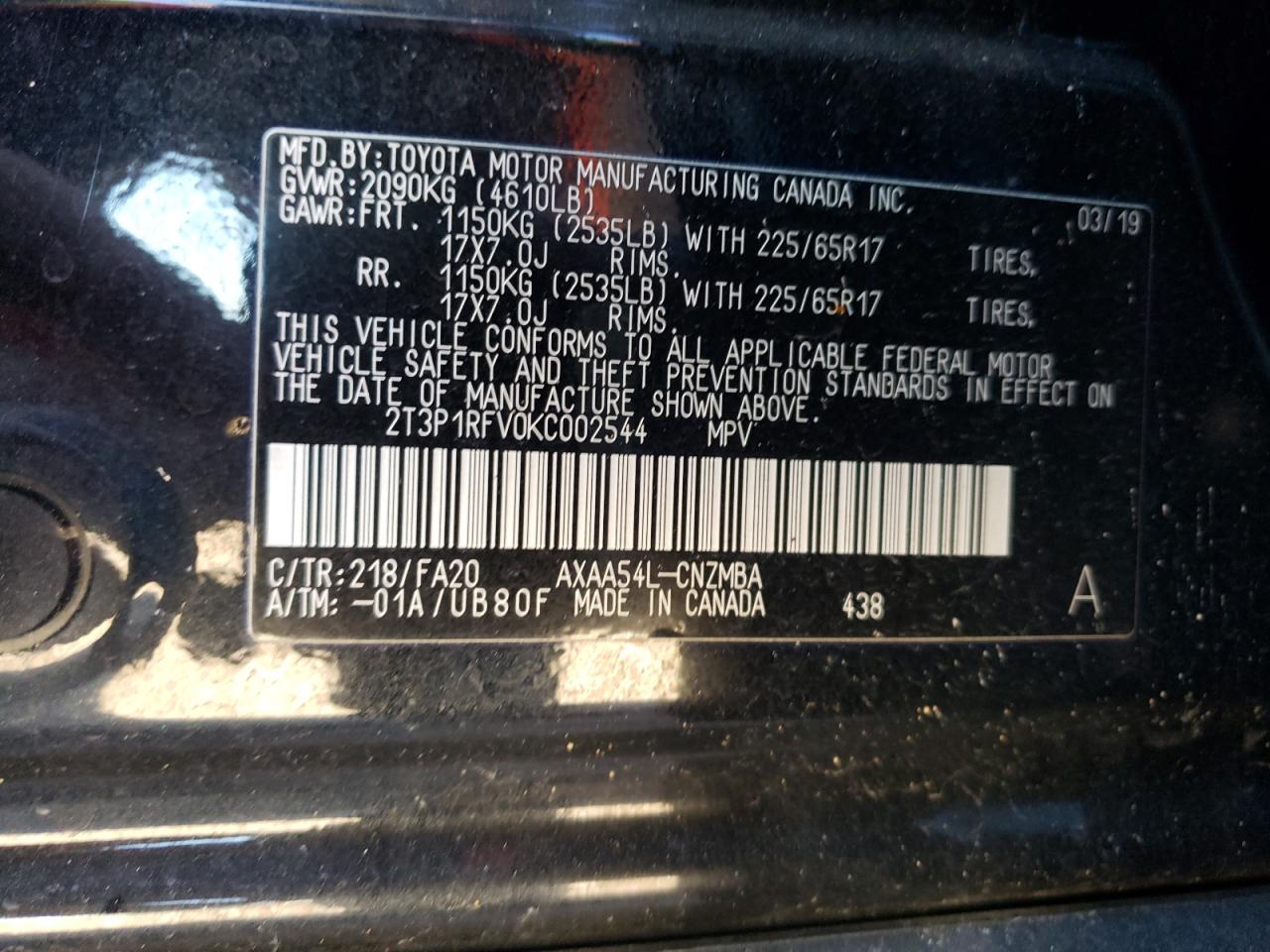 Photo 10 from auction – 2019 TOYOTA RAV4 XLE with VIN 2T3P1RFV0KC002544