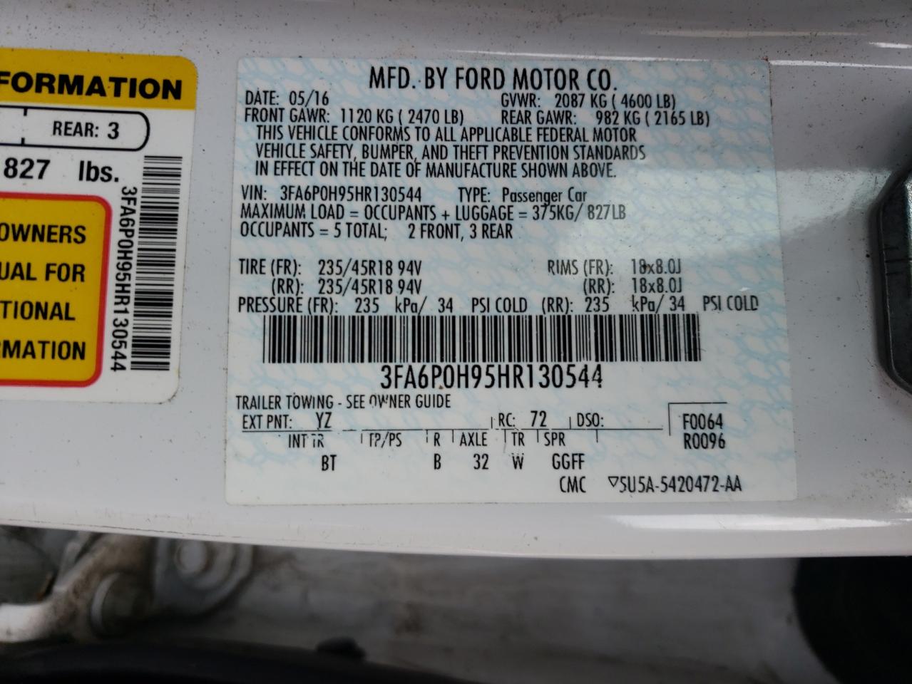 Photo 10 from auction – 2017 FORD FUSION SE with VIN 3FA6P0H95HR130544