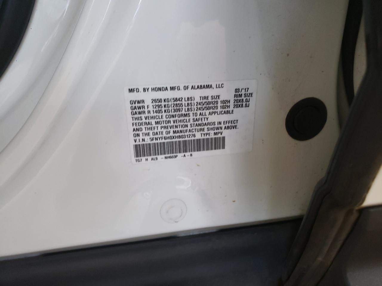 Photo 10 from auction – 2017 HONDA PILOT ELIT with VIN 5FNYF6H0XHB031276