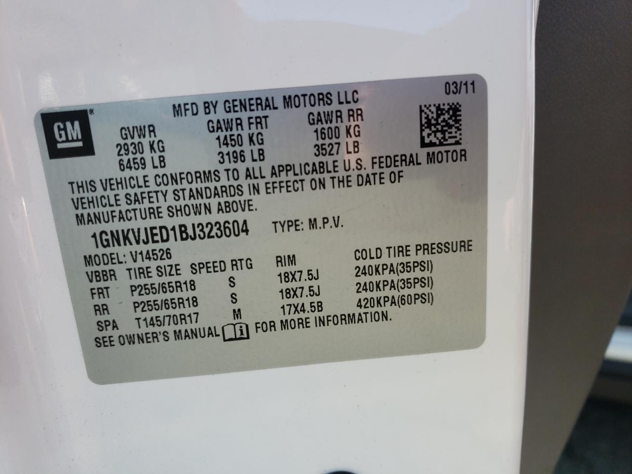 Photo 10 from auction – 2011 CHEVROLET TRAVERSE L with VIN 1GNKVJED1BJ323604