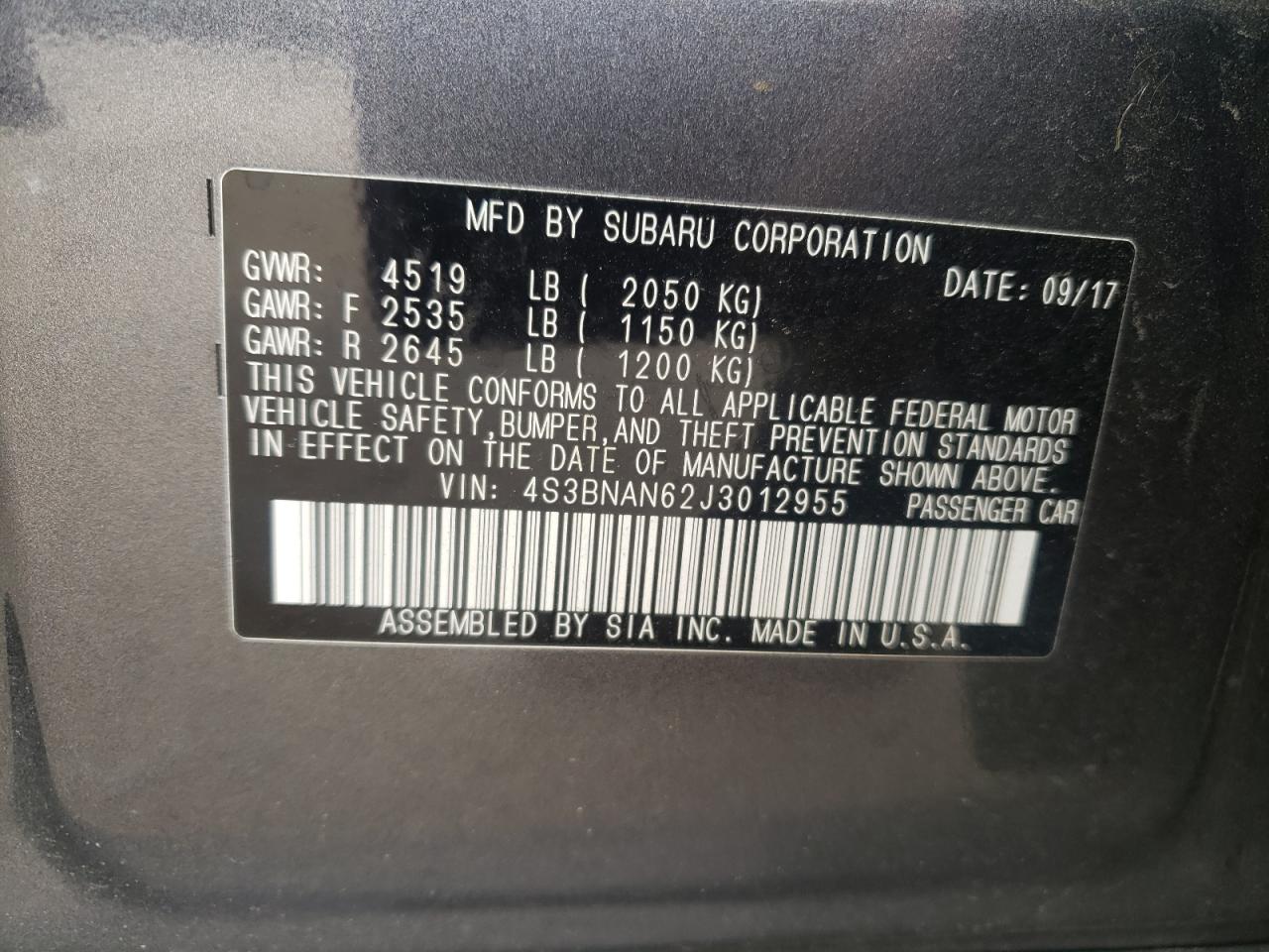 Photo 10 from auction – 2018 SUBARU LEGACY 2.5 with VIN 4S3BNAN62J3012955
