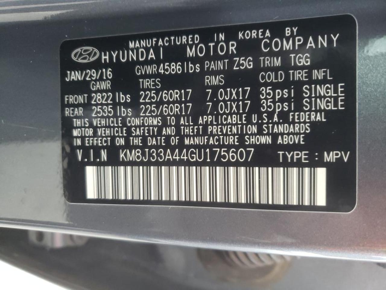 Photo 10 from auction – 2016 HYUNDAI TUCSON LIM with VIN KM8J33A44GU175607