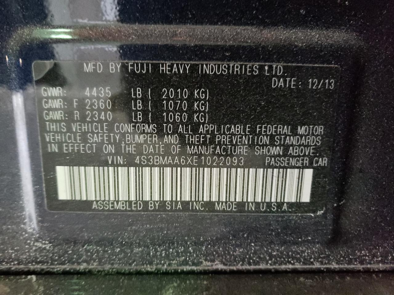 Photo 10 from auction – 2014 SUBARU LEGACY 2.5 with VIN 4S3BMAA6XE1022093