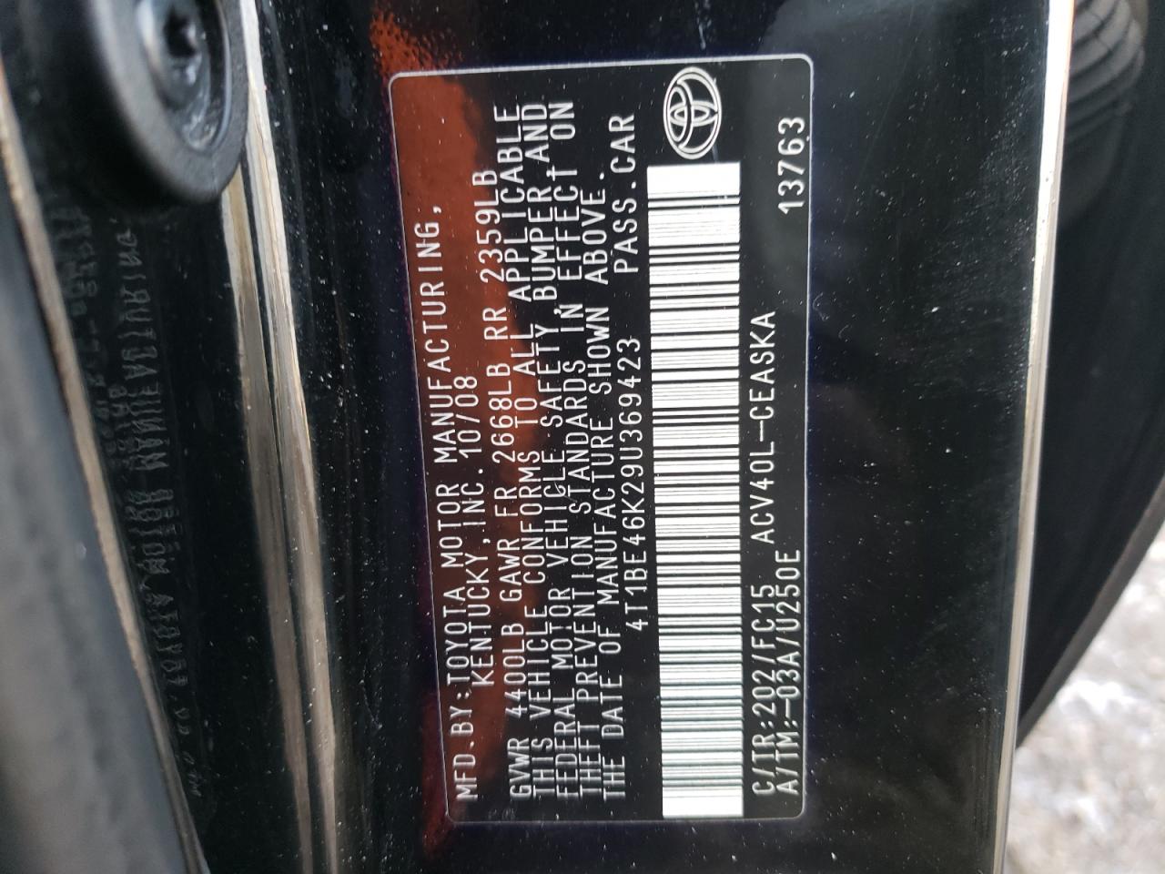 Photo 10 from auction – 2009 TOYOTA CAMRY BASE with VIN 4T1BE46K29U369423