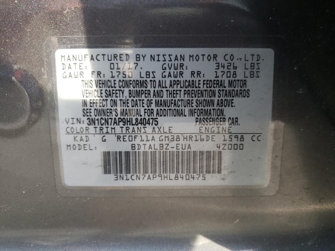 Photo 10 from auction – 2017 NISSAN VERSA S with VIN 3N1CN7AP9HL840475