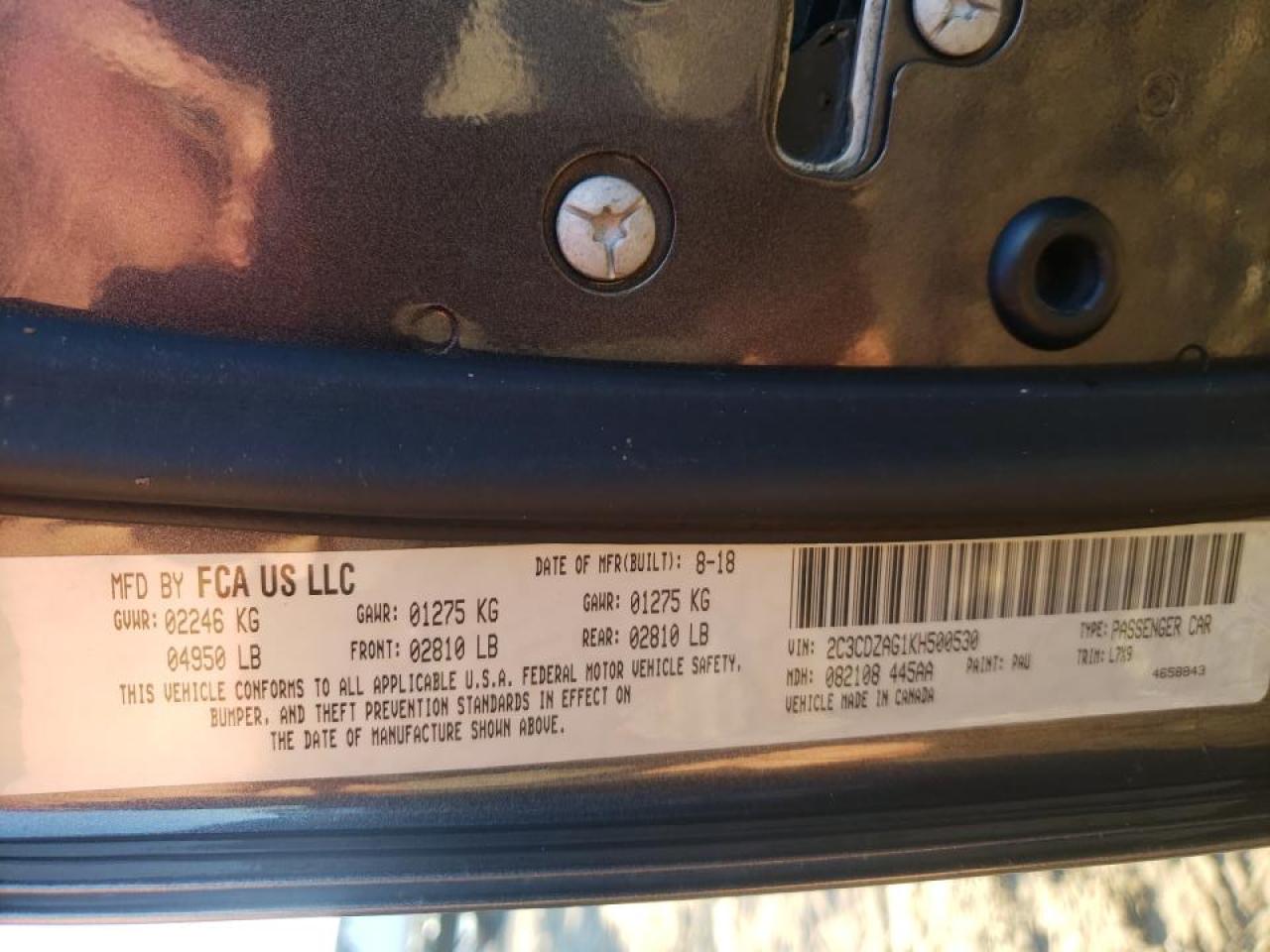Photo 10 from auction – 2019 DODGE CHALLENGER with VIN 2C3CDZAG1KH500530