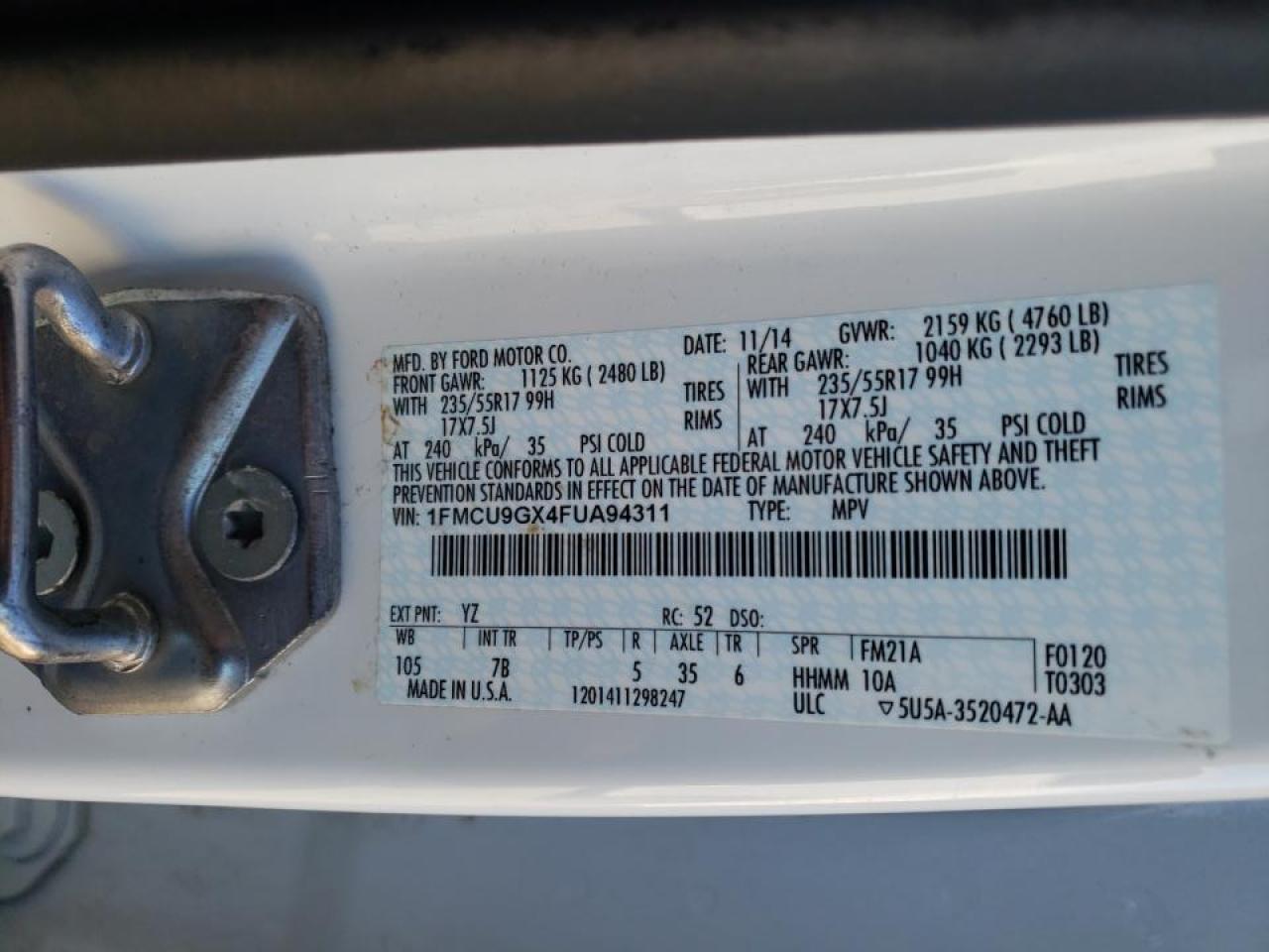 Photo 10 from auction – 2015 FORD ESCAPE SE with VIN 1FMCU9GX4FUA94311
