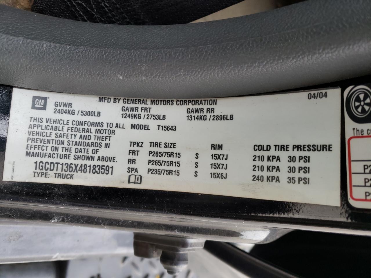 Photo 10 from auction – 2004 CHEVROLET COLORADO with VIN 1GCDT136X48183591