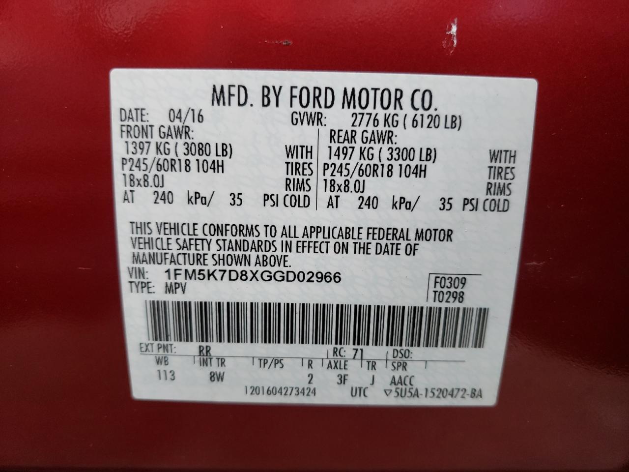 Photo 10 from auction – 2016 FORD EXPLORER X with VIN 1FM5K7D8XGGD02966