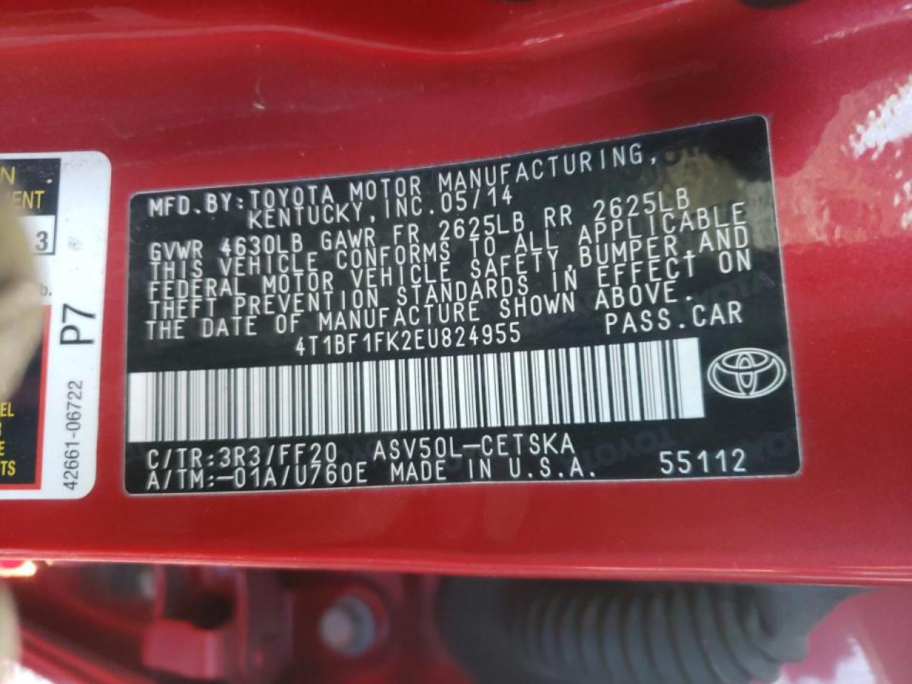 Photo 10 from auction – 2014 TOYOTA CAMRY L with VIN 4T1BF1FK2EU824955