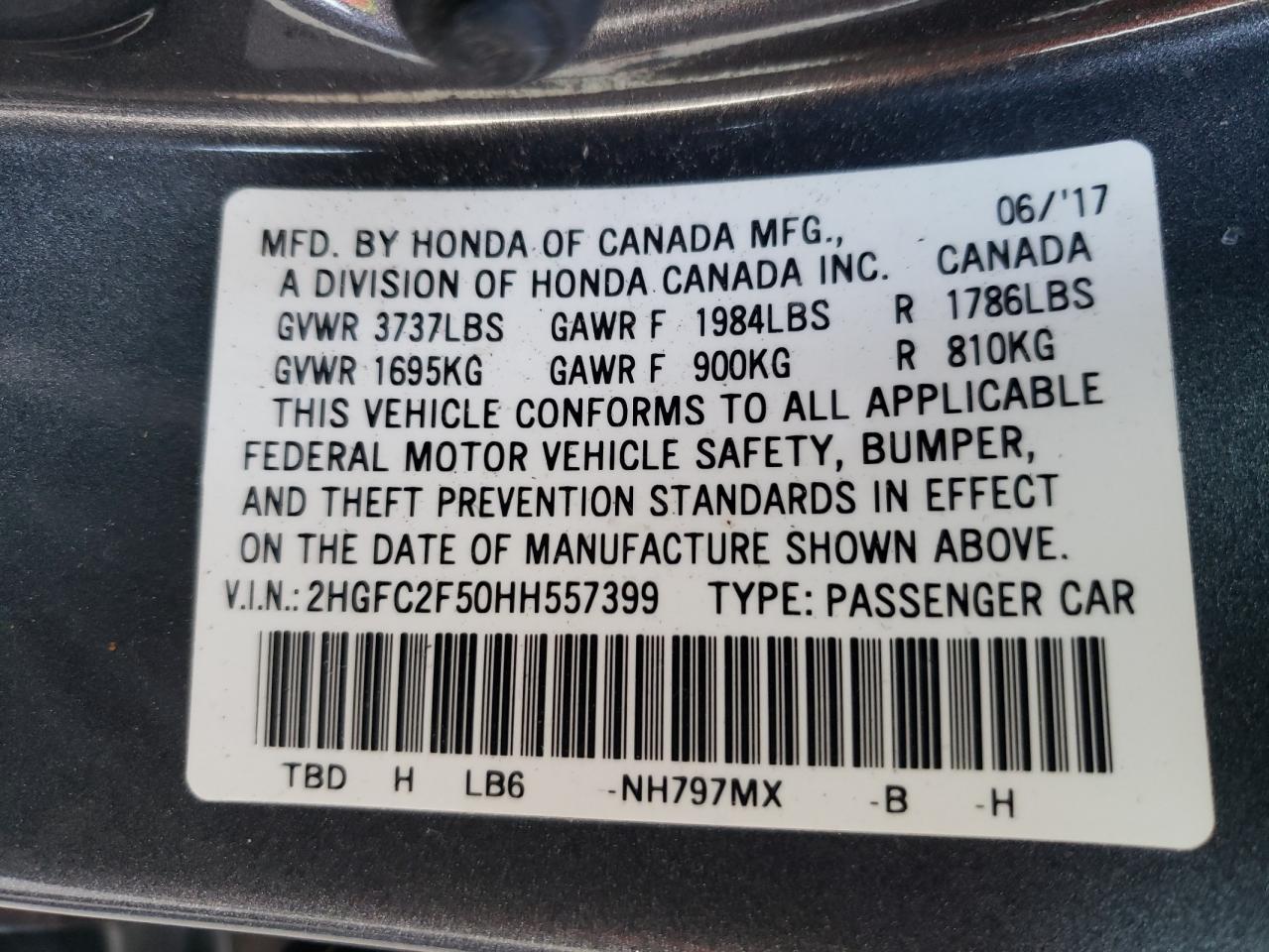 Photo 10 from auction – 2017 HONDA CIVIC LX with VIN 2HGFC2F50HH557399
