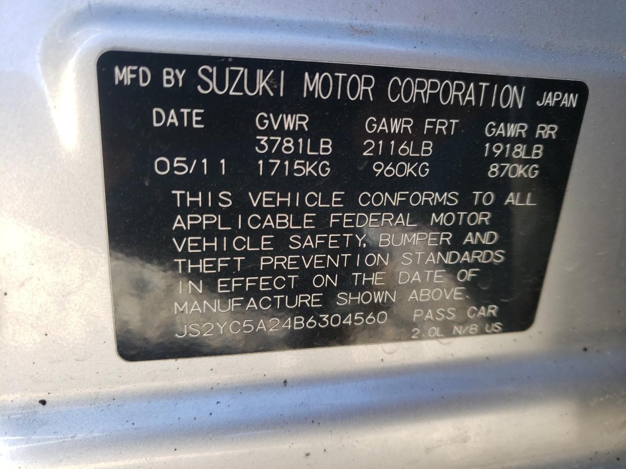 صورة رقم 10 من المزاد - 2011 SUZUKI SX4 LE مع VIN JS2YC5A24B6304560