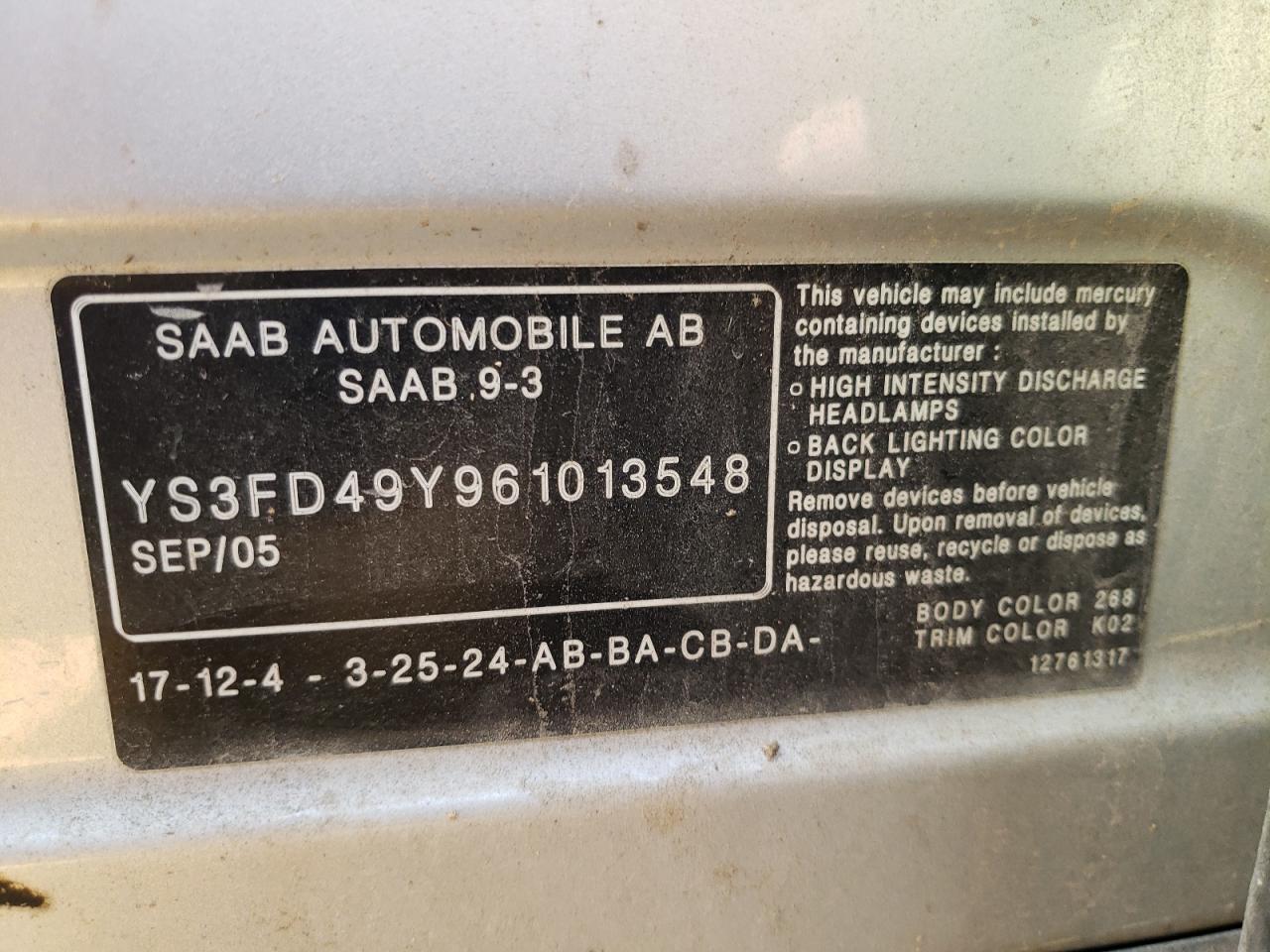 Photo 10 from auction – 2006 SAAB 9-3 with VIN YS3FD49Y961013548