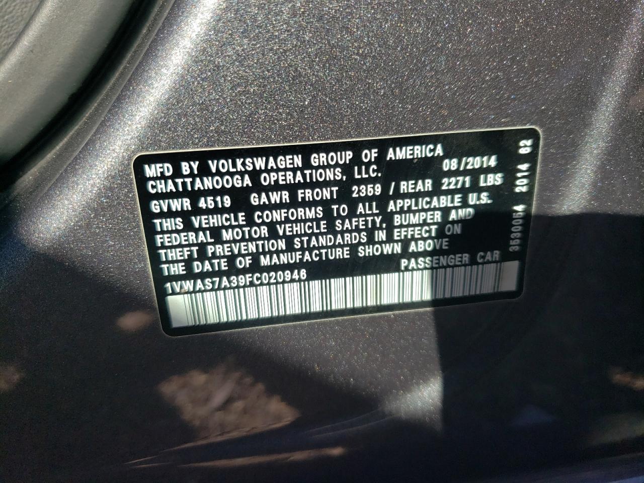 Photo 10 from auction – 2015 VOLKSWAGEN PASSAT S with VIN 1VWAS7A39FC020946