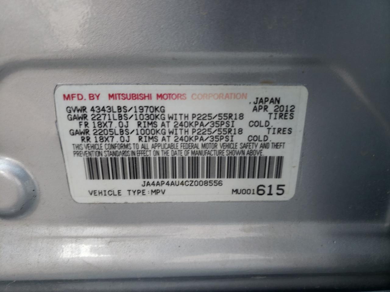 Photo 10 from auction – 2012 MITSUBISHI OUTLANDER with VIN JA4AP4AU4CZ008556