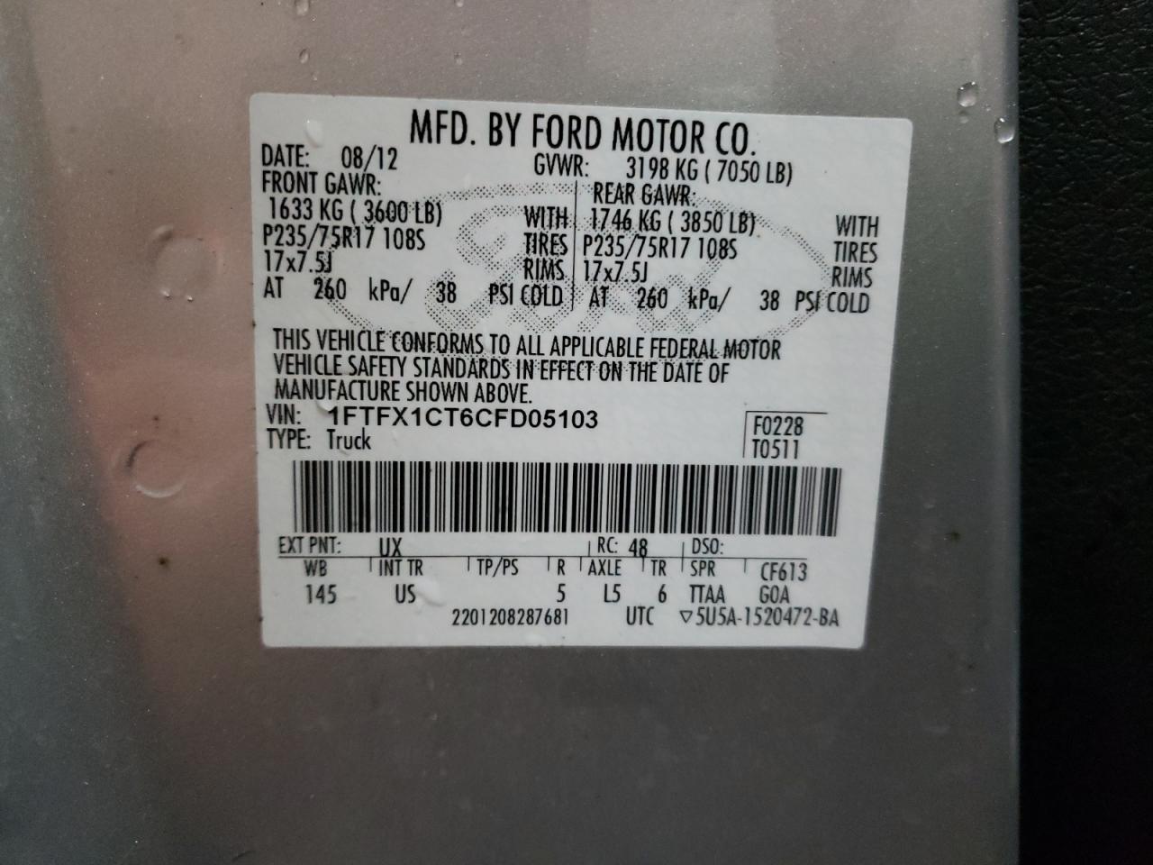 Photo 10 from auction – 2012 FORD F150 SUPER with VIN 1FTFX1CT6CFD05103