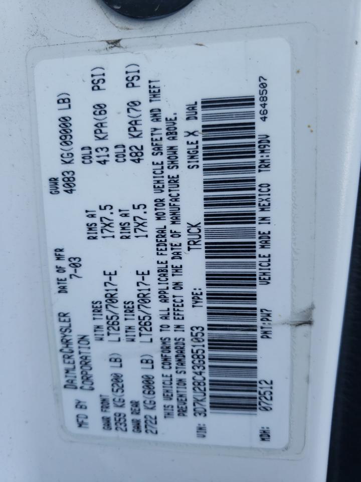Photo 10 from auction – 2003 DODGE RAM 2500 S with VIN 3D7KU28C43G851053