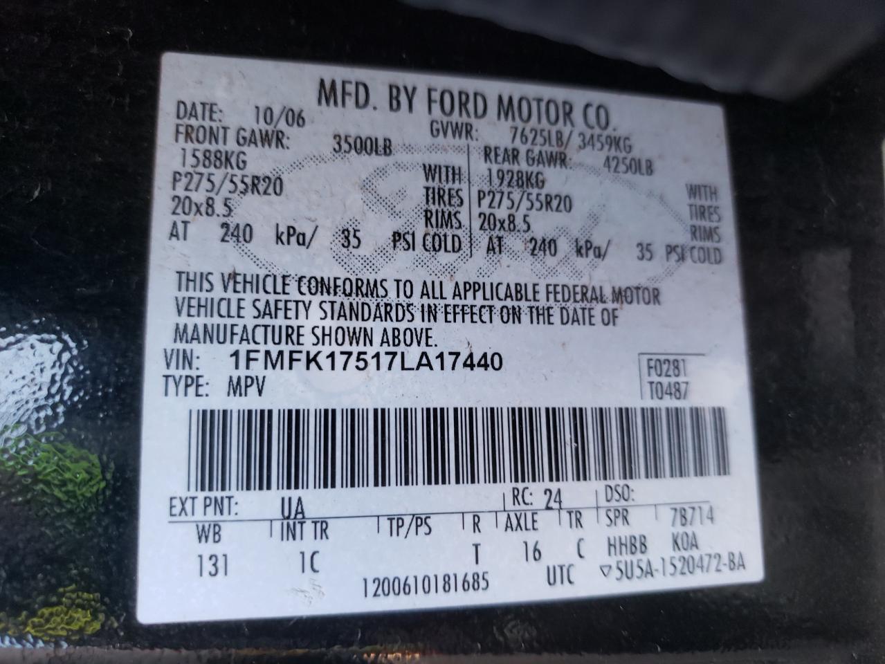 Photo 10 from auction – 2007 FORD EXPEDITION with VIN 1FMFK17517LA17440