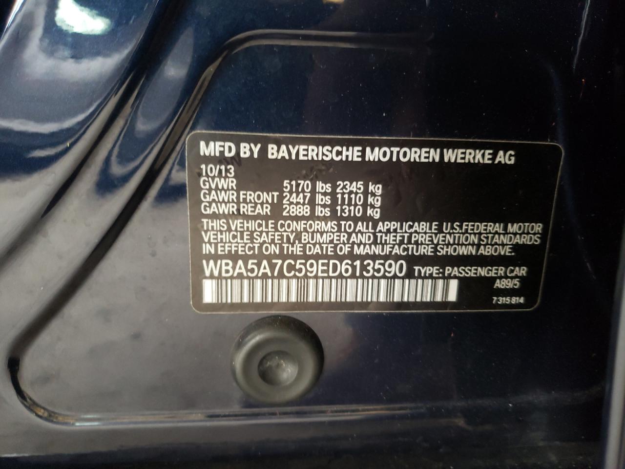 Photo 10 from auction – 2014 BMW 528 XI with VIN WBA5A7C59ED613590