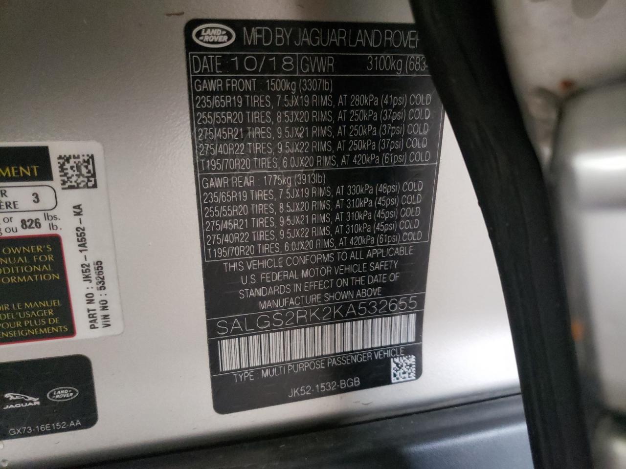 Photo 10 from auction – 2019 LAND ROVER RANGE ROVE with VIN SALGS2RK2KA532655