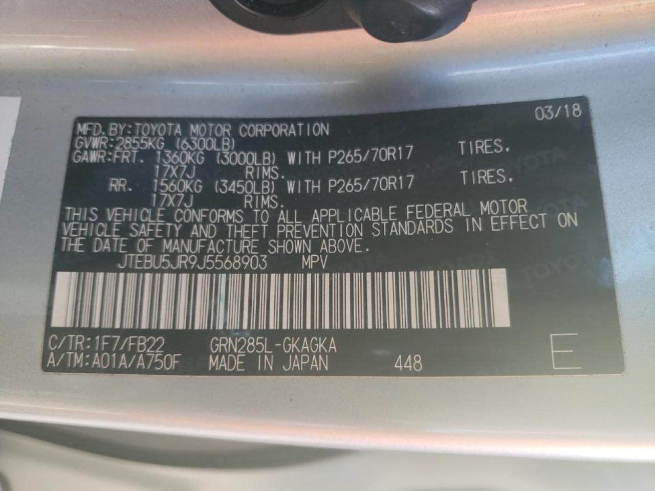Photo 10 from auction – 2018 TOYOTA 4RUNNER SR with VIN JTEBU5JR9J5568903