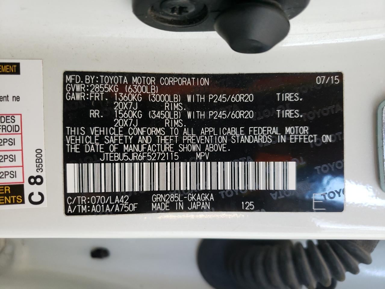 Photo 10 from auction – 2015 TOYOTA 4RUNNER SR with VIN JTEBU5JR6F5272115