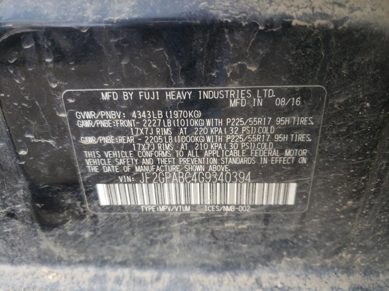 Photo 10 from auction – 2016 SUBARU CROSSTREK with VIN JF2GPABC4G9340394