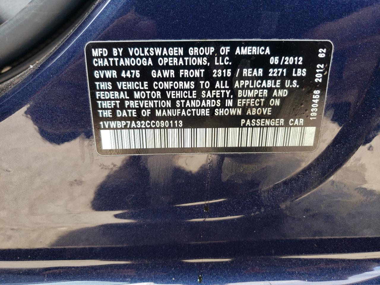 Photo 10 from auction – 2012 VOLKSWAGEN PASSAT SE with VIN 1VWBP7A32CC090113
