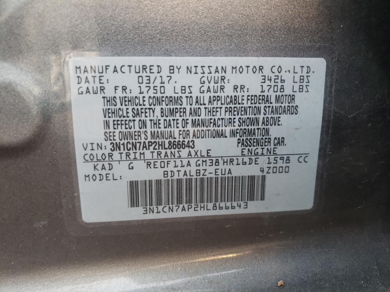 Photo 10 from auction – 2017 NISSAN VERSA S with VIN 3N1CN7AP2HL866643