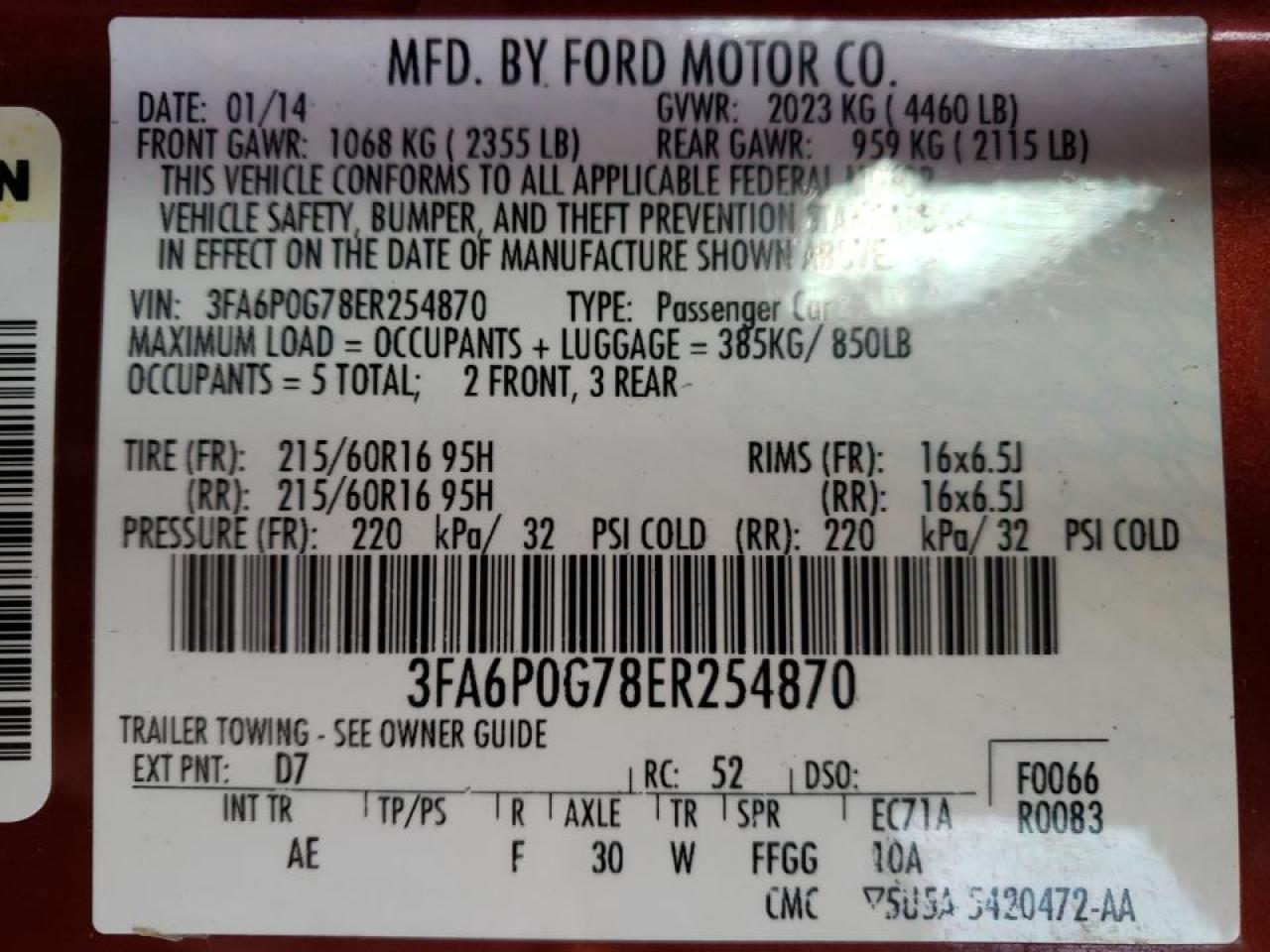 Photo 10 from auction – 2014 FORD FUSION S with VIN 3FA6P0G78ER254870