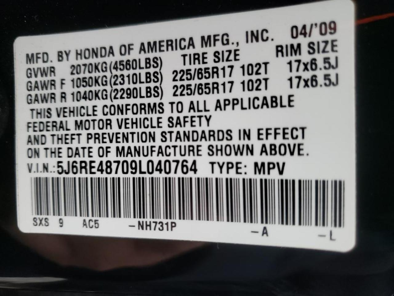 Photo 10 from auction – 2009 HONDA CRV with VIN 5J6RE48709L040764
