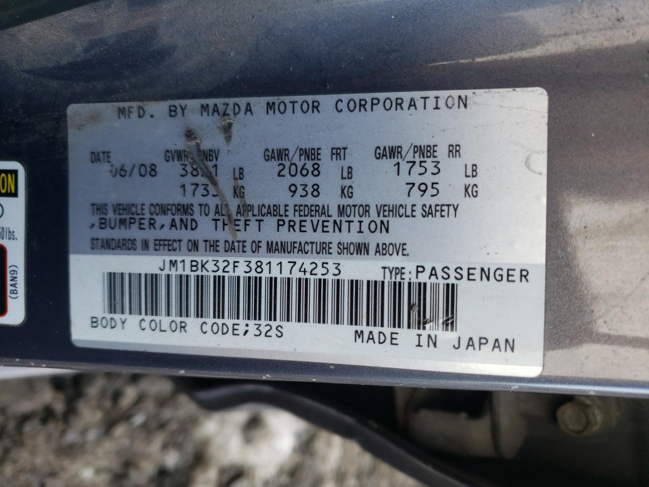 Photo 10 from auction – 2008 MAZDA 3 I with VIN JM1BK32F381174253