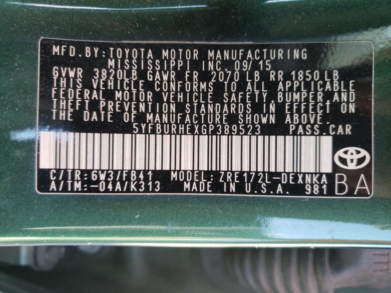 Photo 10 from auction – 2016 TOYOTA COROLLA L with VIN 5YFBURHEXGP389523