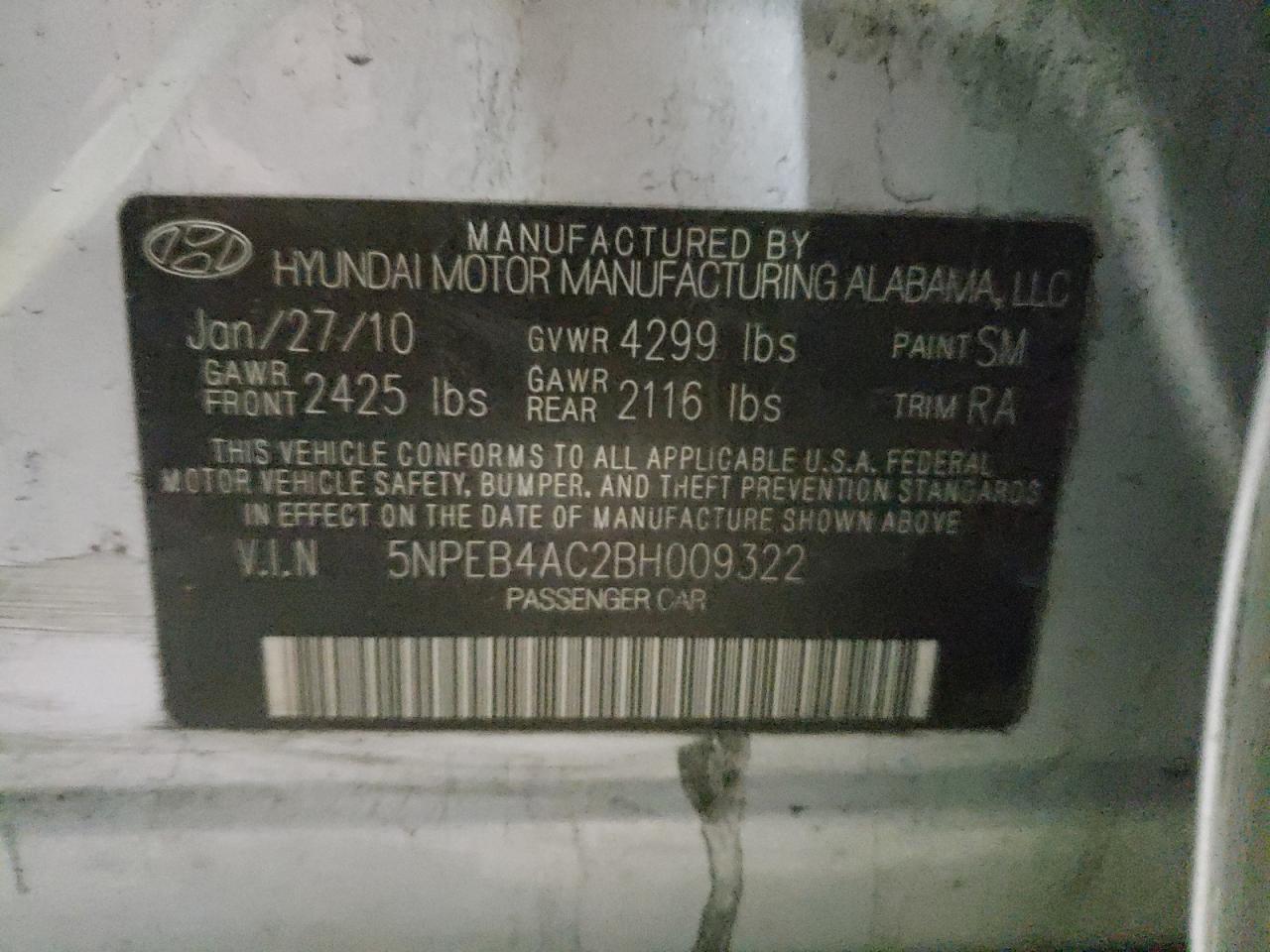 Photo 10 from auction – 2011 HYUNDAI SONATA GLS with VIN 5NPEB4AC2BH009322