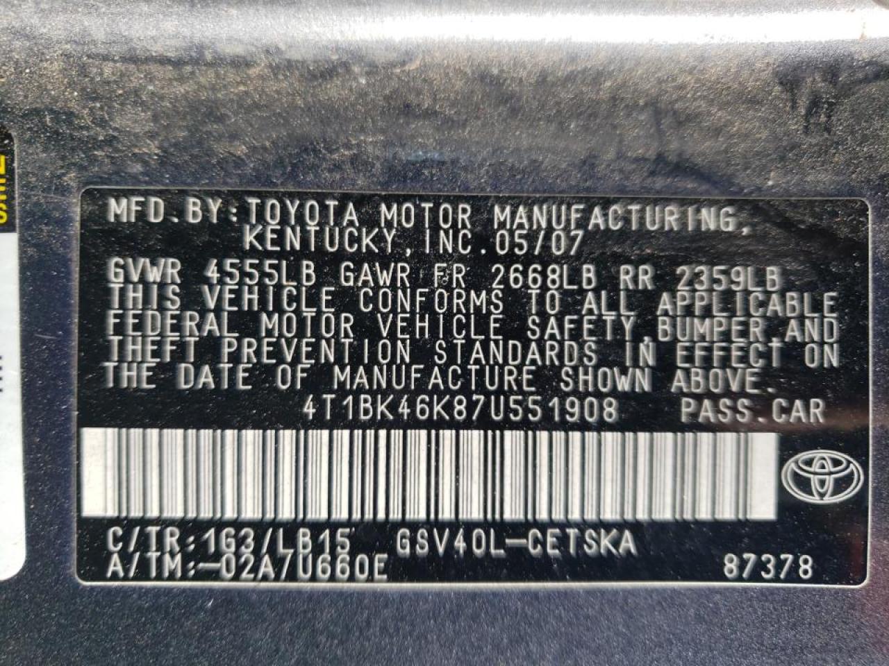 Photo 10 from auction – 2007 TOYOTA CAMRY LE with VIN 4T1BK46K87U551908