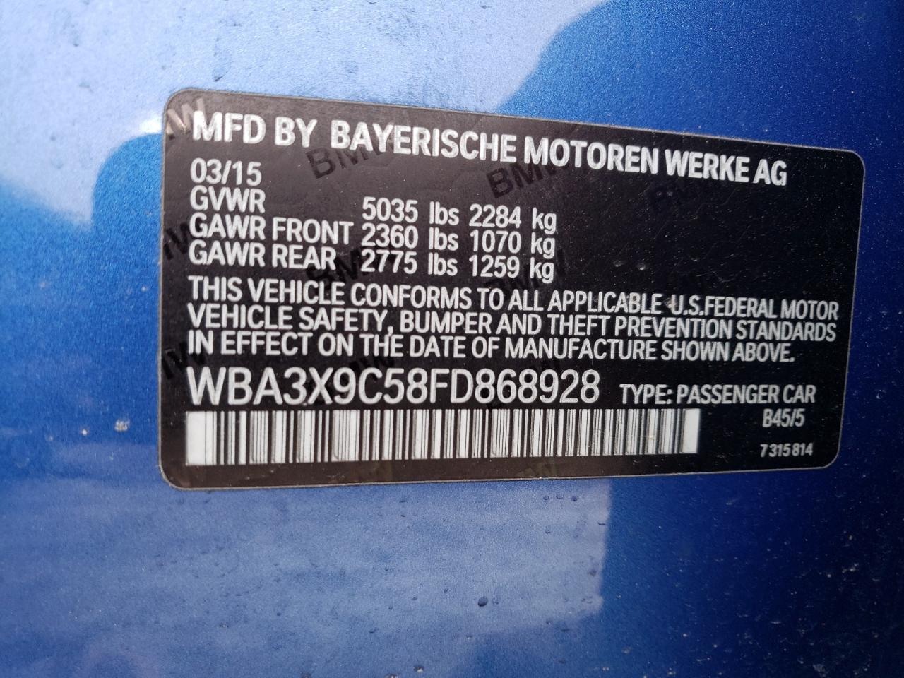 Photo 10 from auction – 2015 BMW 335 XIGT with VIN WBA3X9C58FD868928