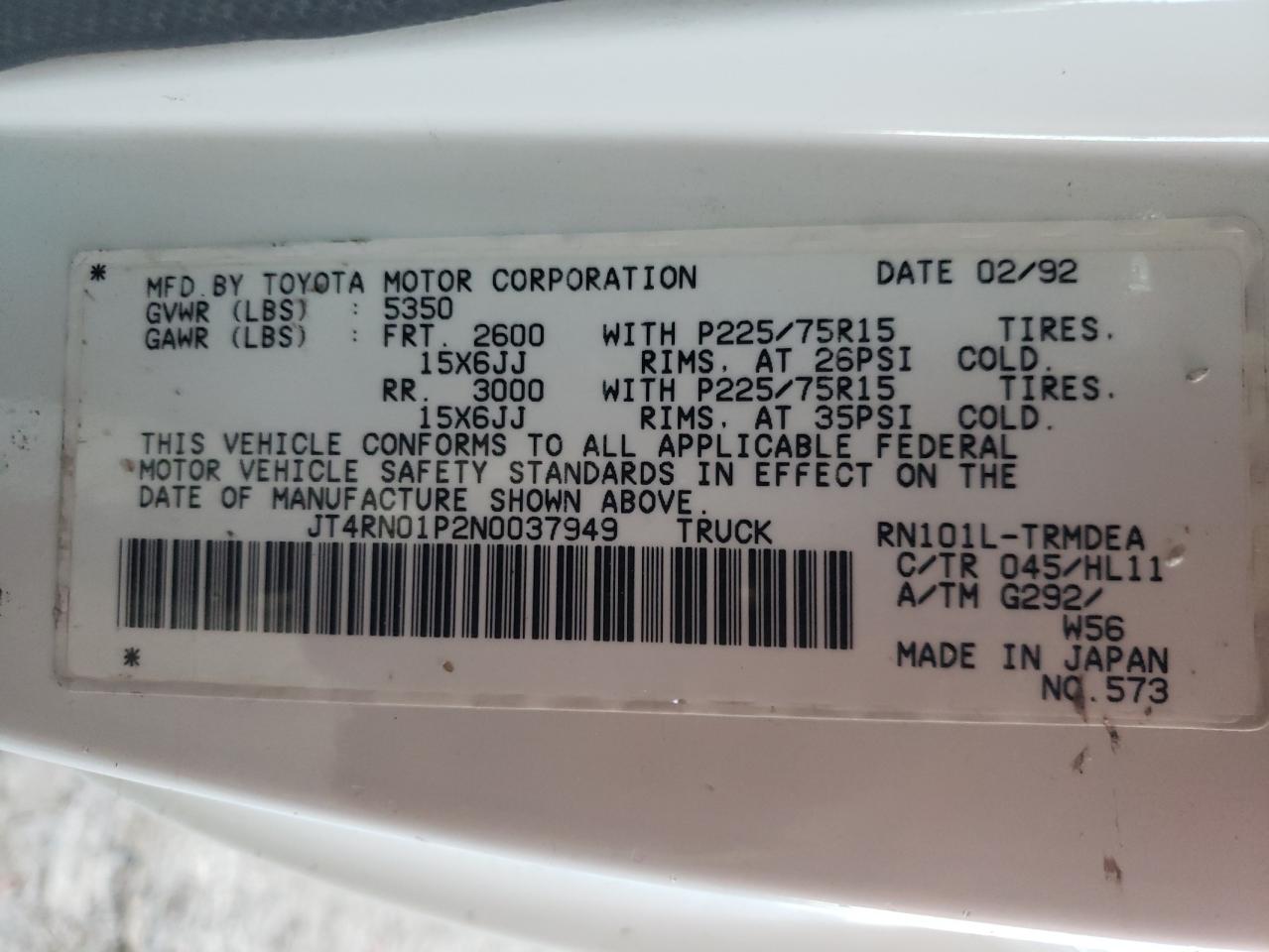 Photo 10 from auction – 1992 TOYOTA PICKUP 1/2 with VIN JT4RN01P2N0037949