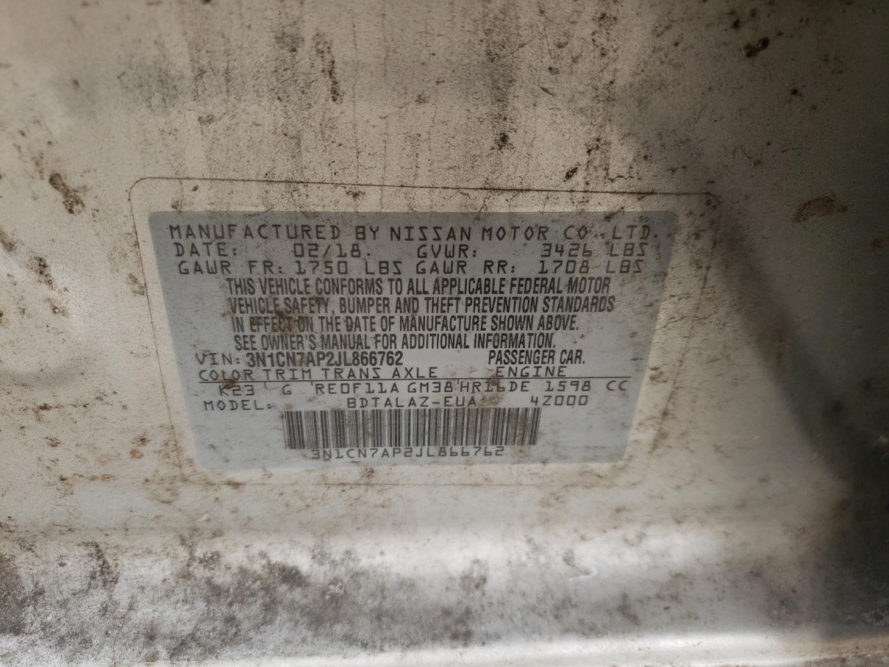 Photo 10 from auction – 2018 NISSAN VERSA S with VIN 3N1CN7AP2JL866762