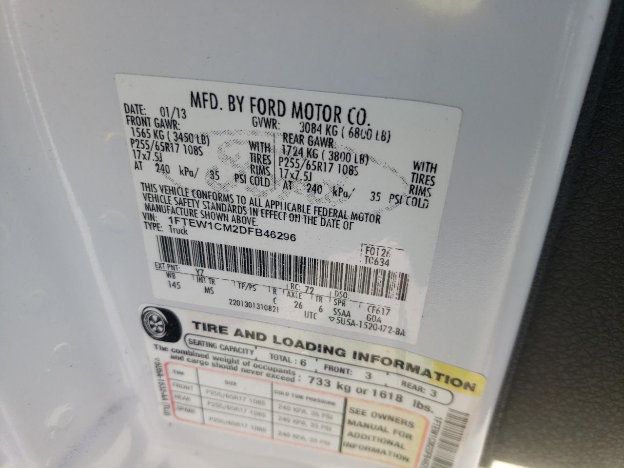 Foto 10 de la subasta – 2013 FORD F150 SUPER con VIN 1FTEW1CM2DFB46296